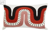 Bosie ozella curve pattern rectangular cushion with bold black rust red and dusty rose wavy embroidery on white background