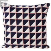 Bosie ozella grid design cushion with navy blue white triangles and textured pink lines grid design cushion