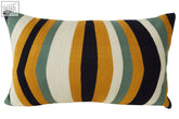 Rectangular bosie ozella stripes design cushion with bold diagonal stripes in mustard yellow navy blue teal green and off-white