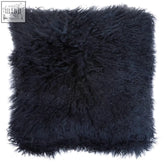 Dark navy blue fluffy sheepskin throw pillow with soft shaggy texture from bosie real mongolian fur black cushion