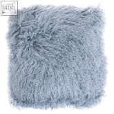 Light blue fluffy sheepskin pillow with soft curly texture in bosie real mongolian fur grey square cushion style