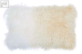 Cream-colored fluffy sheepskin throw pillow with soft shaggy texture in bosie real mongolian fur natural ombre rectangular cushion