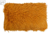 Bosie real mongolian lamb fur rectangular cushion with plush golden orange shaggy faux fur and frayed edges