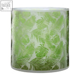 Green tropical leaf-patterned glass medium hurricane candle holder perfect for botanical decor and lighting