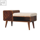 Mid-century modern boucle carved chestnut telephone bench with geometrically patterned side panel and off-white shearling seat