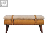 Boucle x tan leather bench with cream sheepskin top and solid wood legs perfect for cozy seating
