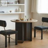Boulanger round dining table with solid wood legs and light beige travertine marble top perfect for dining room