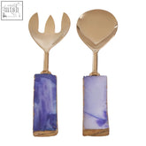 Gold-toned serving set with agata blue warm metallic purple marbled stone handles for stylish serving