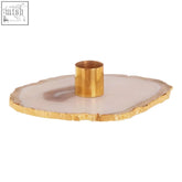 Bowerbird agata grey agate candle holder with gold finished slice stone base and metallic cylindrical center