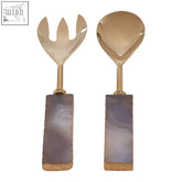 Gold-toned salad serving set with rectangular purple agata grey handles from bowerbird gold serving set