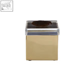 Gold-toned square bowerbird black agate trinket box with clear acrylic lid and dark brown circular insert