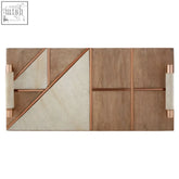 Rectangular bowerbird wood tray with genuine white cowhide, geometric pattern, copper strips, and fabric handles