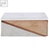 Bowerbird cowhide large trinket box with white marble top gray suede sides and tan leather diagonal strip detail
