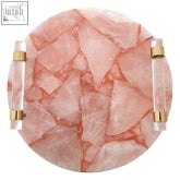 Bowerbird pink quartz tray with pink quartz mosaic, clear acrylic handles, and gold-toned hardware for stylish serving
