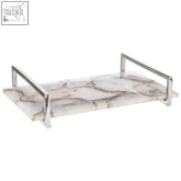 A bowerbird white agate large tray with a sleek rectangular white agate marble surface and polished chrome handles