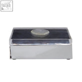Silver rectangular bowerbird white agate trinket box with clear glass top and circular silver medallion center