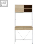 Modern minimalist desk with natural oak veneer top and white metal frame featuring two drawers and floating shelf unit