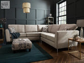 Beige upholstered brampton corner sofa with sleek metal legs decorative throw pillows and custom options