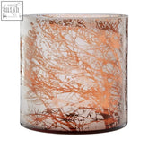 Branch large glass hurricane candle holder with translucent amber glass and delicate copper tree design