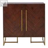Dark brown brando drinks cabinet with herringbone acacia wood veneer and gold-tone metal handles and legs