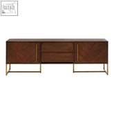 Dark wood brando acacia media unit with herringbone patterns on doors and brass finishes on legs