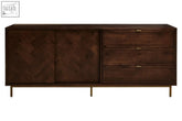 Dark brown brando acacia wood effect sideboard with herringbone sliding doors and gold-toned legs
