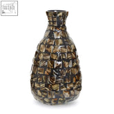 Branna large shell vase with a tall slender shape and brown gold mosaic tiles in an overlapping weave design