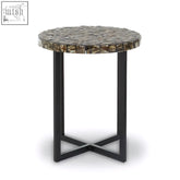 Branna round side table with circular inlaid white mosaic top and black metal x-frame legs for living rooms
