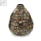 Branna small shell teardrop vase with a brown and tan mosaic pattern made of bone fragments small shell vase
