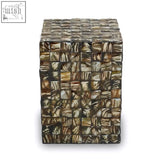 Branna square side table with artisanal shimmer mosaic of natural textured bone pieces in earthy tones