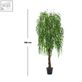 Breeins artificial weeping willow tree with lush green foliage and dark twisted trunk in black plastic base pot