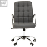 Gray tufted home office chair with grey leather effect and chrome armrests and base perfect for your workspace