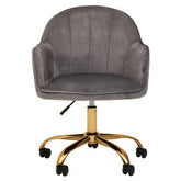 Gray velvet home office chair with gold-tone metal base and casters perfect for stylish office setups