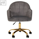 Gray velvet home office chair with gold-tone metal base and casters perfect for stylish office setups