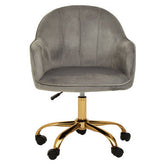 Gray velvet home office chair with gold-tone metal base and casters perfect for a stylish office setup