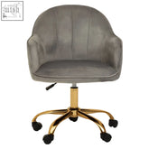 Gray velvet home office chair with gold-tone metal base and casters perfect for a stylish office setup
