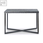 Bria shell inlay console table with black woven resin top and modern geometric frame perfect as an inlay console table