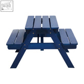 Brighton blue kids picnic bench with blue painted wood slatted top and attached benches for outdoor fun