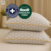 Stacked brightr luna adjustable memory foam pillows with medium-firm geometric gray white pattern and yellow piping