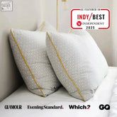 White hybrid pillow with gray geometric pattern yellow stitching and bri logo from brightr stella memory foam bundle