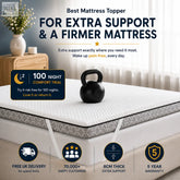 White quilted brightr titan deluxe mattress topper with extra firm support and black kettlebell on top