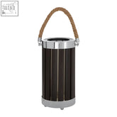 Dark brown wooden lantern with silver metal rim and braided rope handle in brooke black wood and metal table lamp design