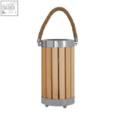 Brooke natural wood table lamp with rustic vertical slats, silver metal bands, and a braided rope handle