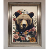 Brown Grizzly Bear Floral Framed Print - A3 (29.7 x 42 cm) / Silver - Framed Print