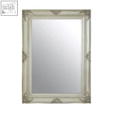 Antique white ornate frame of the brussels baroque rectangular silver wall mirror with intricate silver wall detailing