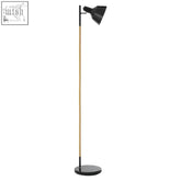 Black metal and wood floor lamp with slender beige pole and adjustable angled shade for stylish wood floor lighting