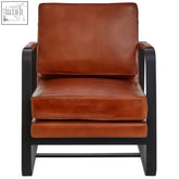 Buffalo brown leather armchair with black iron frame featuring a sleek brown leather seat and sturdy black metal frame
