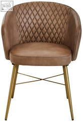 Brown leather armchair with diamond quilted back and gold finish legs for stylish seating