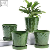 Set of three glossy forest green ceramic plant pots with drainage hole and modern striped geometric patterns with trays
