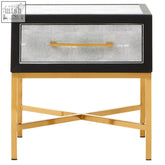 Cadiz 1 drawer shagreen side table with grey faux shagreen, gold-tone metal legs, and a mirrored top for stylish storage